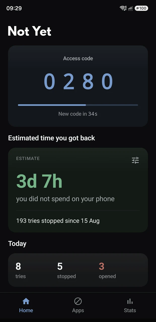 The Not Yet home screen: a four digit code, and the time you did not spend on your phone.